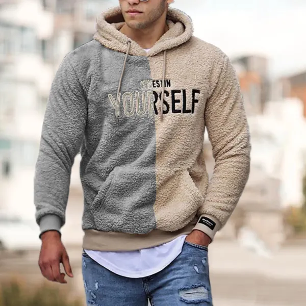 New men's stitching contrast pattern embroidery hooded sweater - Leanarea.chimpone.com 