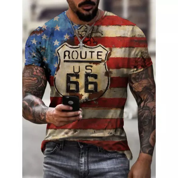 American flag & Route 66 Print T-shirts - Sanhive.com 