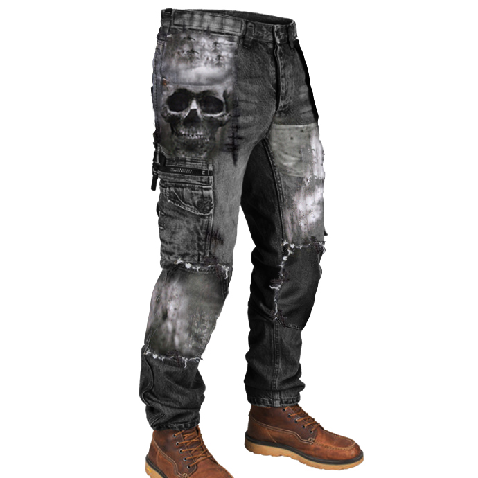 Mens Skull Print Outdoor Chic Wear-resistant Army Pants