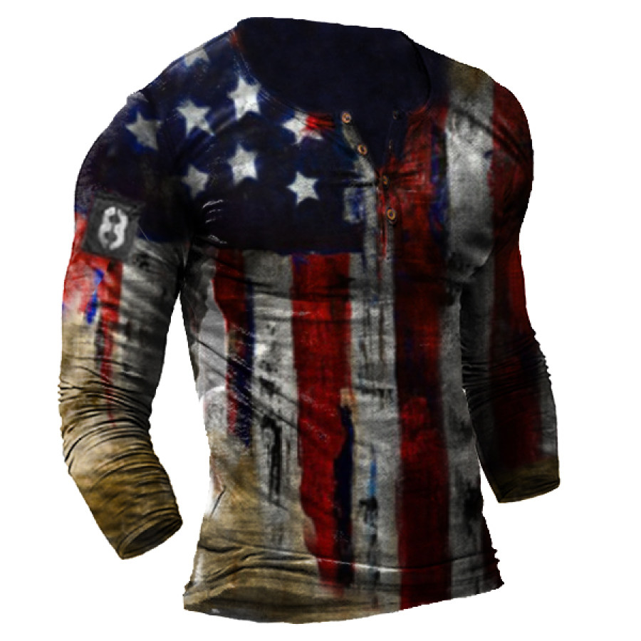 

Mens American Flag Print Long Sleeve V-Neck Top