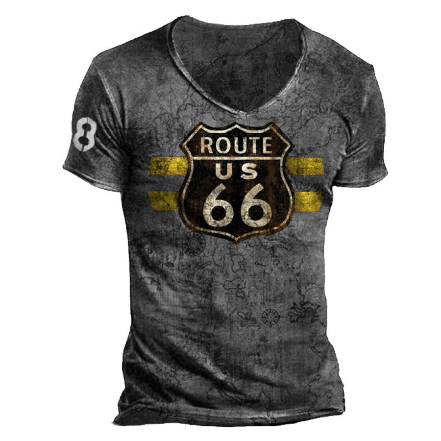 

Mens Retro Casual Print T-shirt-Route 66