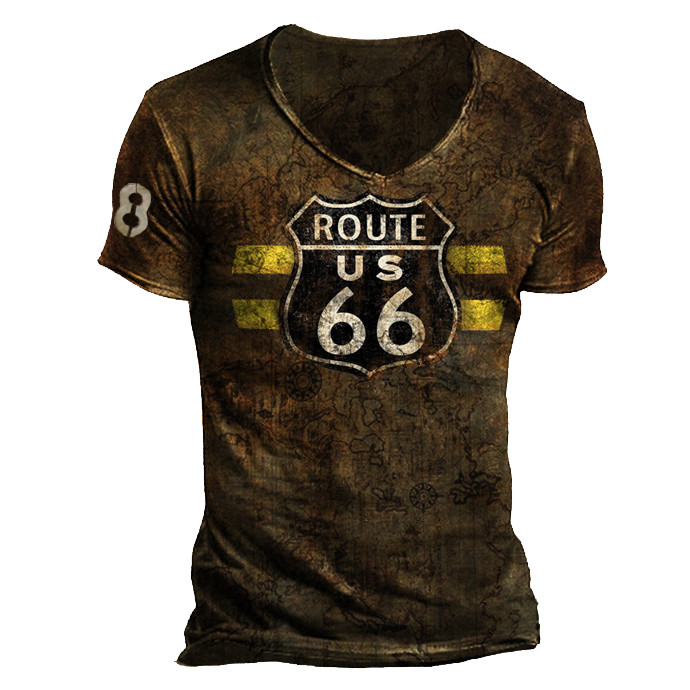 Mens Retro Casual Print Chic T-shirt-route 66