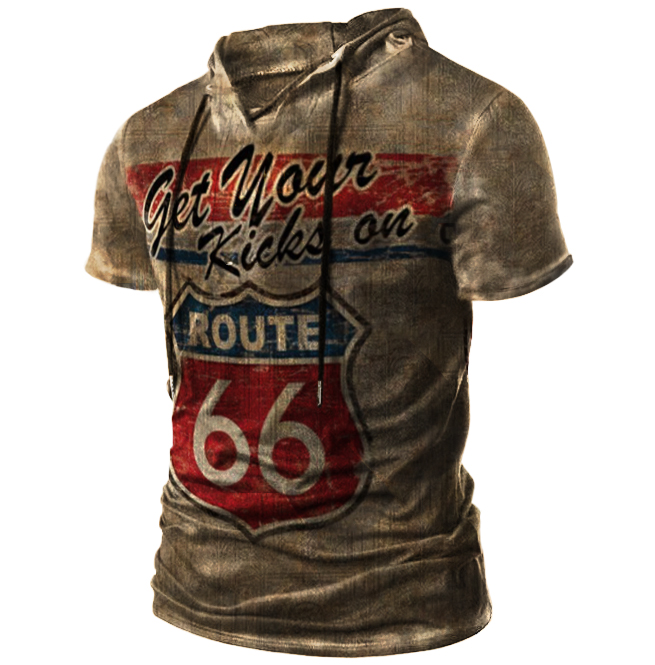 Mens Retro Route 66 Print Chic Hooded T-shirt
