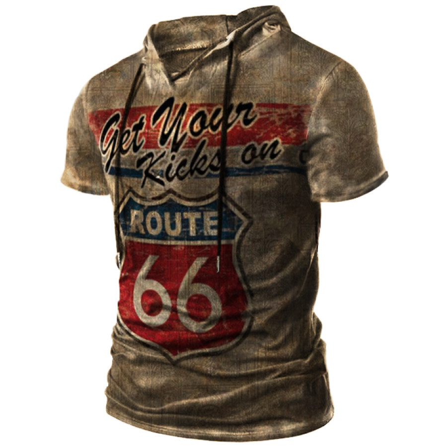 

Mens Retro Route 66 Print Hooded T-Shirt