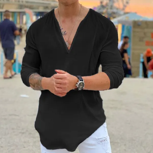 Casual Solid Color V-neck Long Sleeve T-shirt - Sanhive.com 