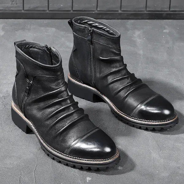 Vintage Zip Round Tie Leather Boots - Sanhive.com 