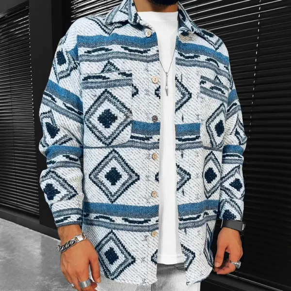 Geometric Pattern Cotton Twill Long-sleeved Shirt - Yiyistories.com 