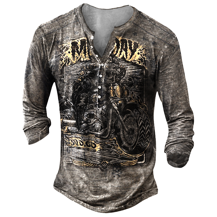 Men's Werewolf Motorcycle Printing Chic Outdoor Long Sleeved Henley Shirt