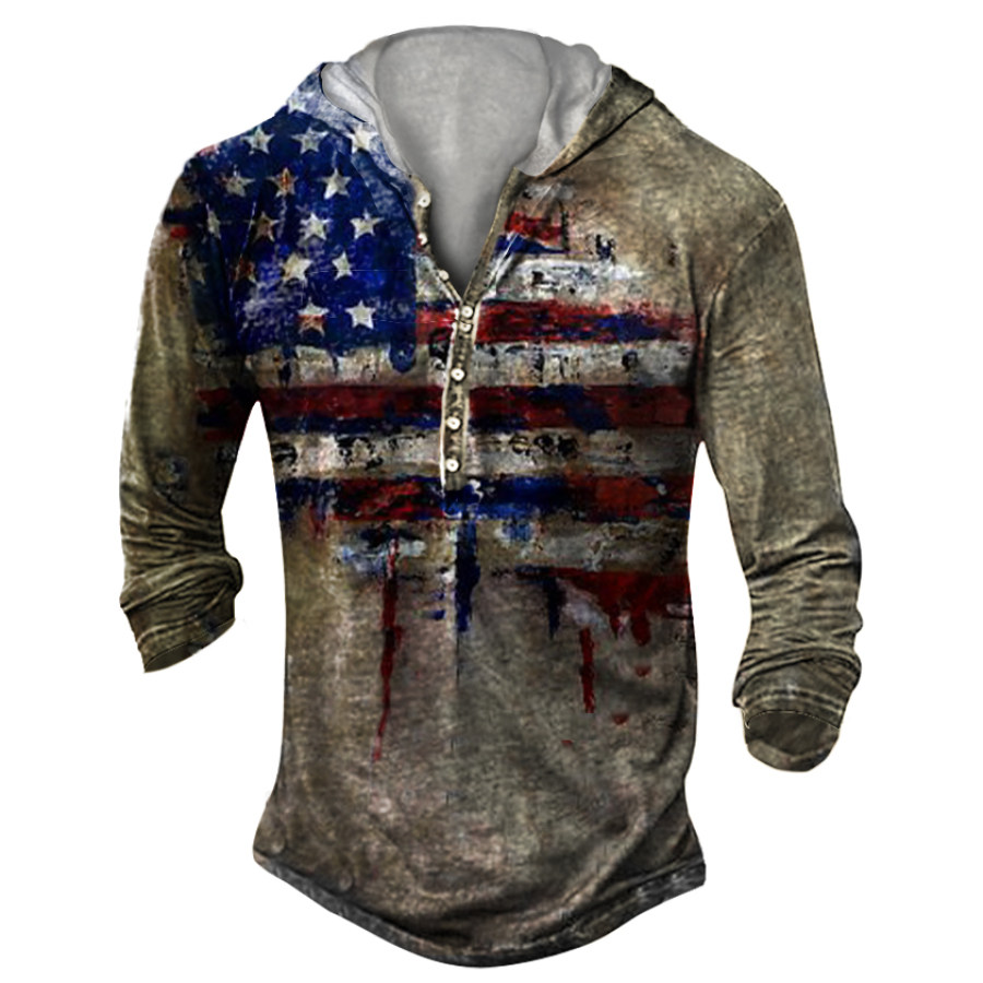 

Men's American Flag Printed Long Sleeve V-neck Hooded T-shirt