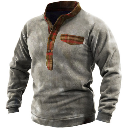 Mens Checkerboard Plaid Outdoor Warm Henley Button Tactical Sweatshirt