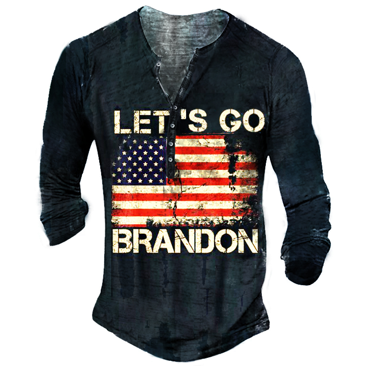 Let's Go Brandon Travel Chic Vintage Henley Button Long Sleeve Shirt
