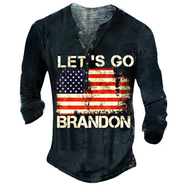 Let's Go Brandon Travel Vintage Henley Button Long Sleeve Shirt - Kalesafe.com 