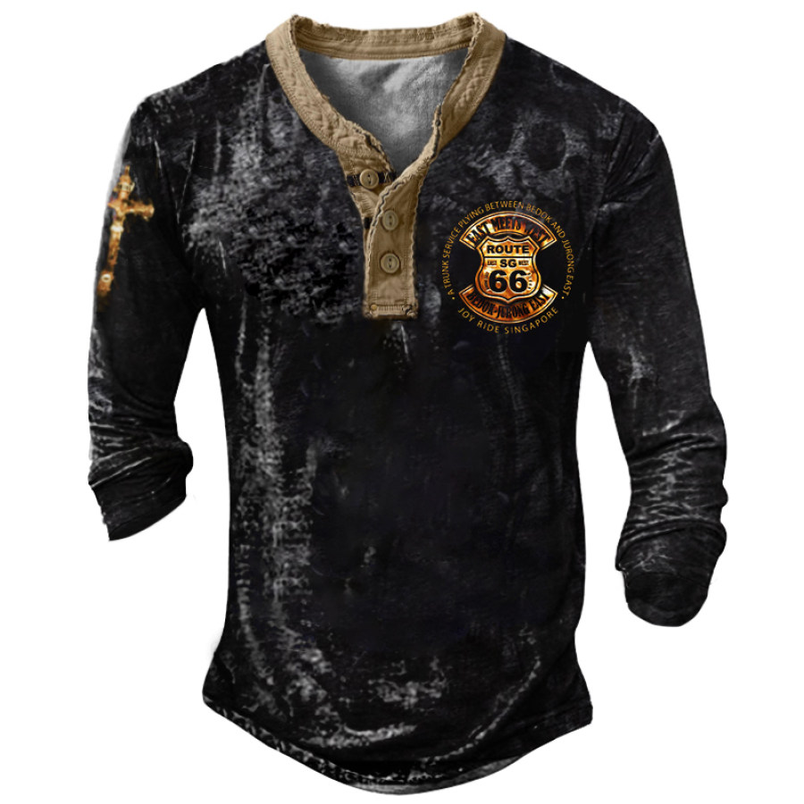 

T-shirt Henry Con Bottoni Con Stampa Route 66 Vintage Da Uomo