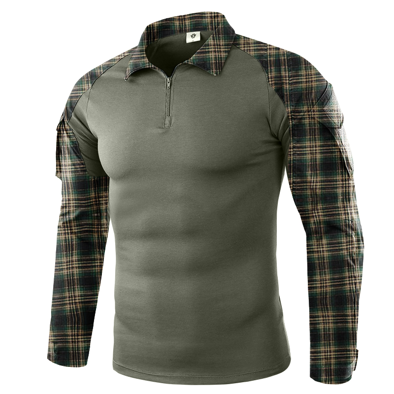 Men Outdoor Tactical Check Chic Stitching Pocket Shirt