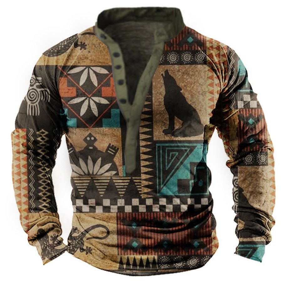 

Men's Outdoor Native American Animal Pattern Tactical Henley Collar T-shirt