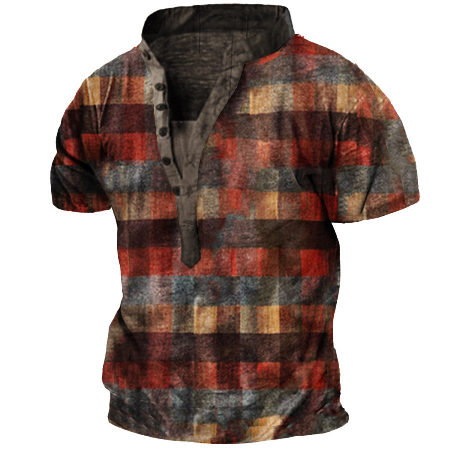 

Men's Outdoor Vintage Check Print Henley Shirt