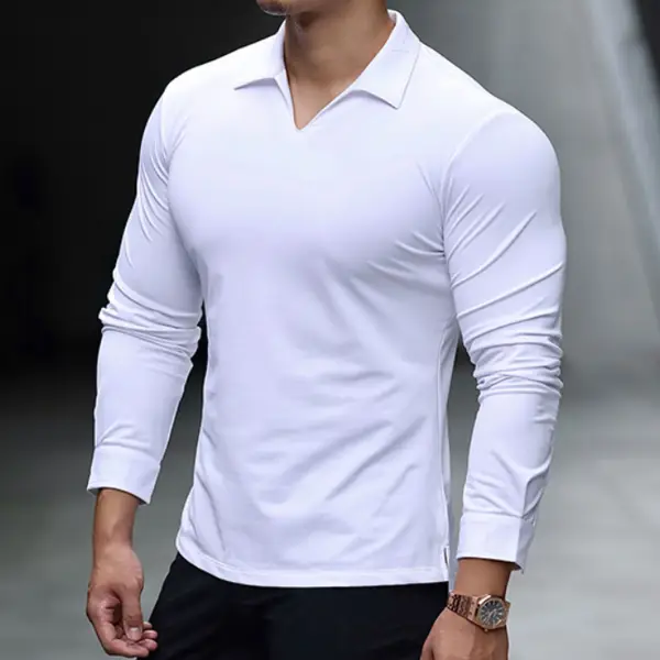 Men's V Neck Lapel Slim Fit Long Sleeve T-Shirt - Nikiluwa.com 