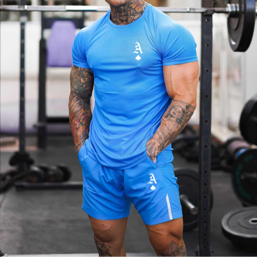 

Men's Casual Round Neck Short Sleeve T-shirt Peach A Print Sports Suit