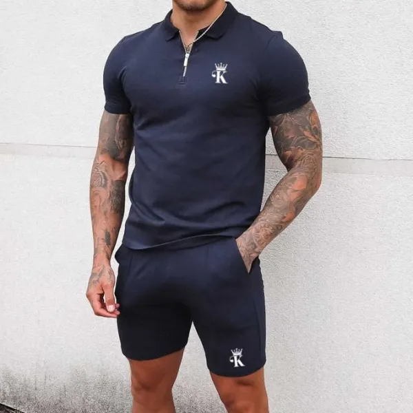 Men's Casual Polo Collar Zipper Short Sleeve T-shirt King Pattern Print Sports Suit - Menilyshop.com 