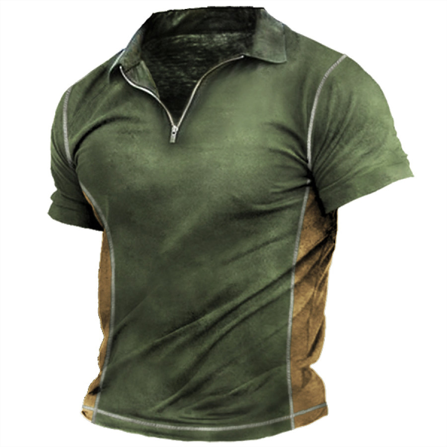

Men's Retro Contrast Half Zip Polo Neck Short Sleeve T-Shirt