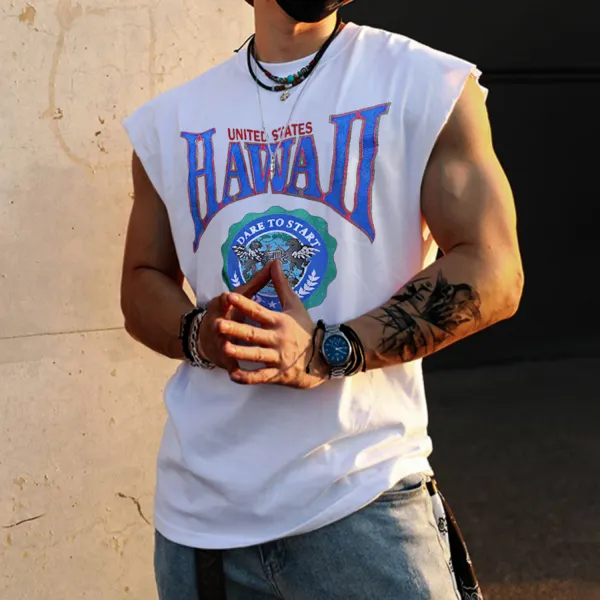 Retro Men's Hawaii Print Tank Top Oversized Sleeveless T-shirt - Paleonice.com 