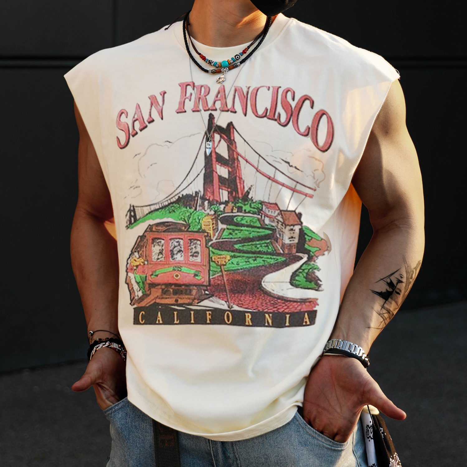 Retro Men's San Francisco Print Chic Tank Top Oversized Sleeveless T-shirt