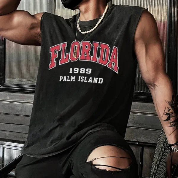 Retro Men's Florida Print Tank Top Oversized Sleeveless T-shirt - Paleonice.com 