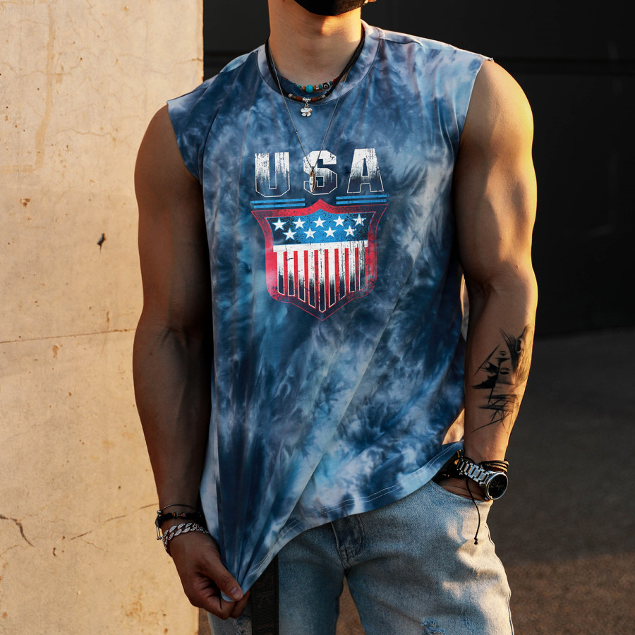 

Retro Men's USA Tie-dye Print Tank Top Oversized Sleeveless T-shirt