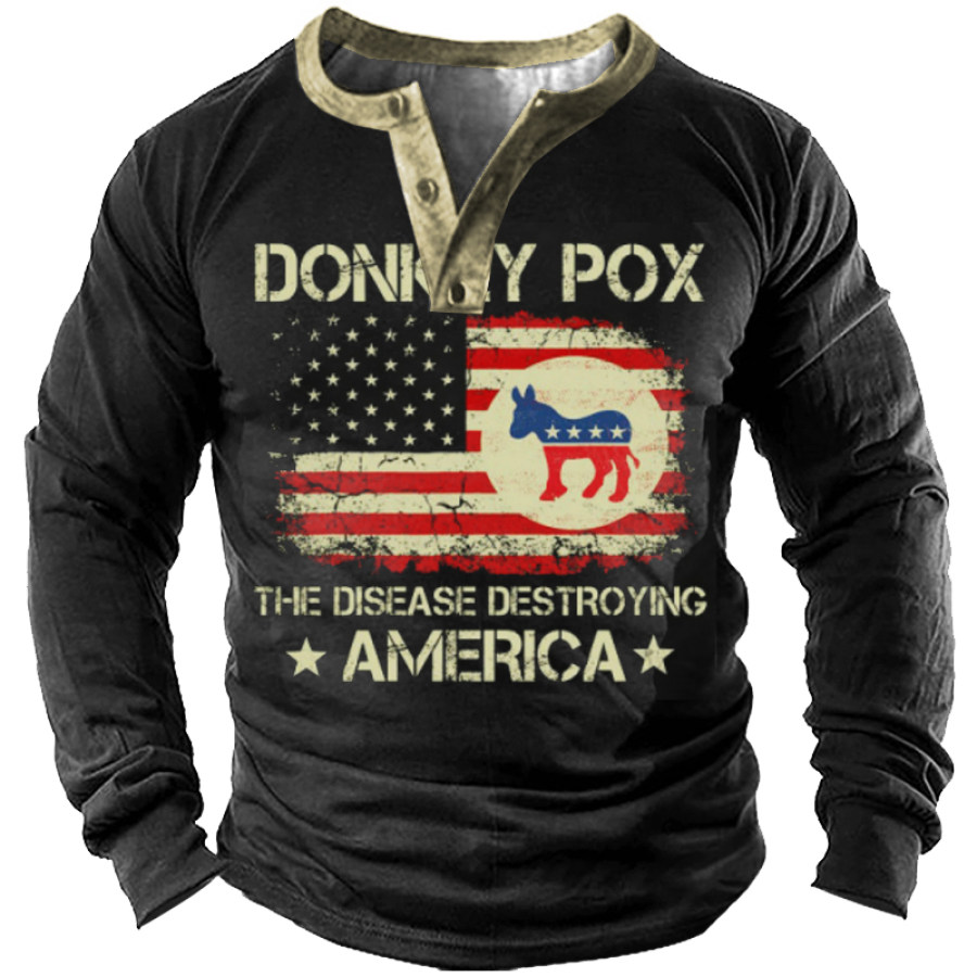 

Donkey Pox The Disease Destroying America Men's Long Sleeve Henley Collar T-Shirt