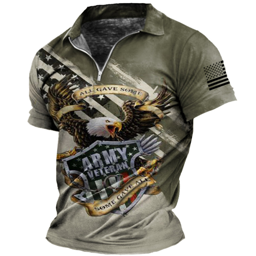 

Men's American Flag Eagle Print Zip Polo Neck T-Shirt
