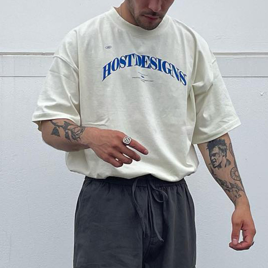 

Men's American Retro Street Trend Loose Apricot White Letter Print T-Shirt