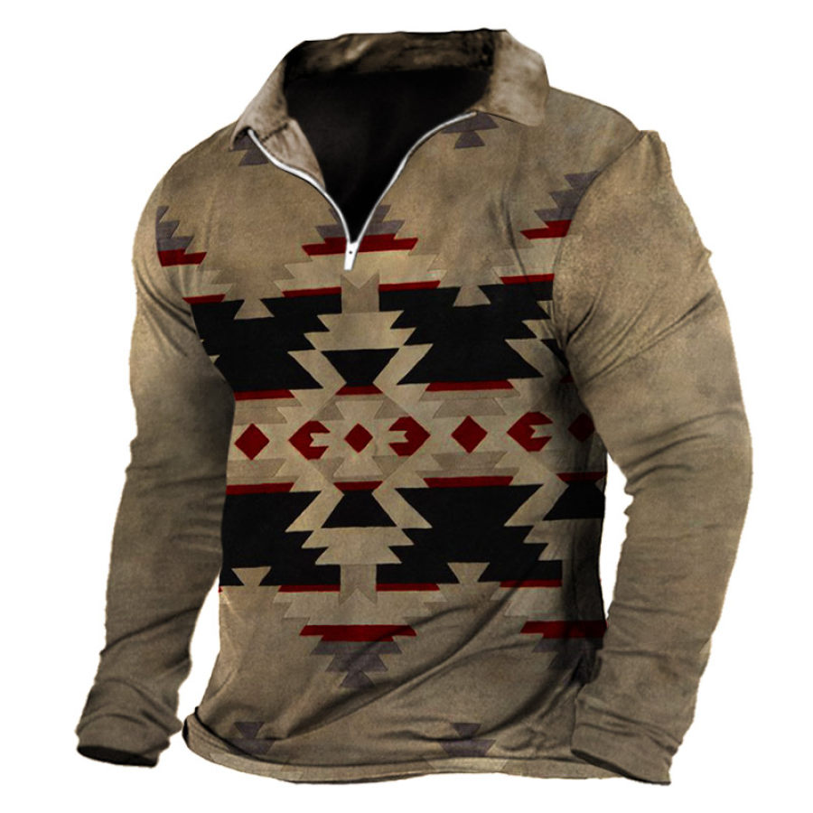 

Men's Geometric Western Ethnic Print Vintage Half Open Collar T-Shirt