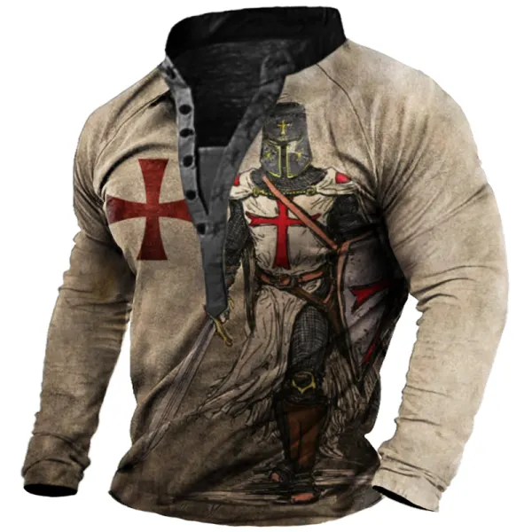 Men's Vintage Templar Cross Long Sleeve Henley T-Shirt - Kalesafe.com 
