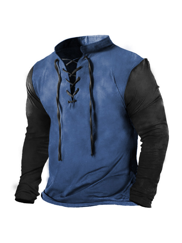 Men's Vintage Contrast Drawstring Tactical Long Sleeve T-Shirt