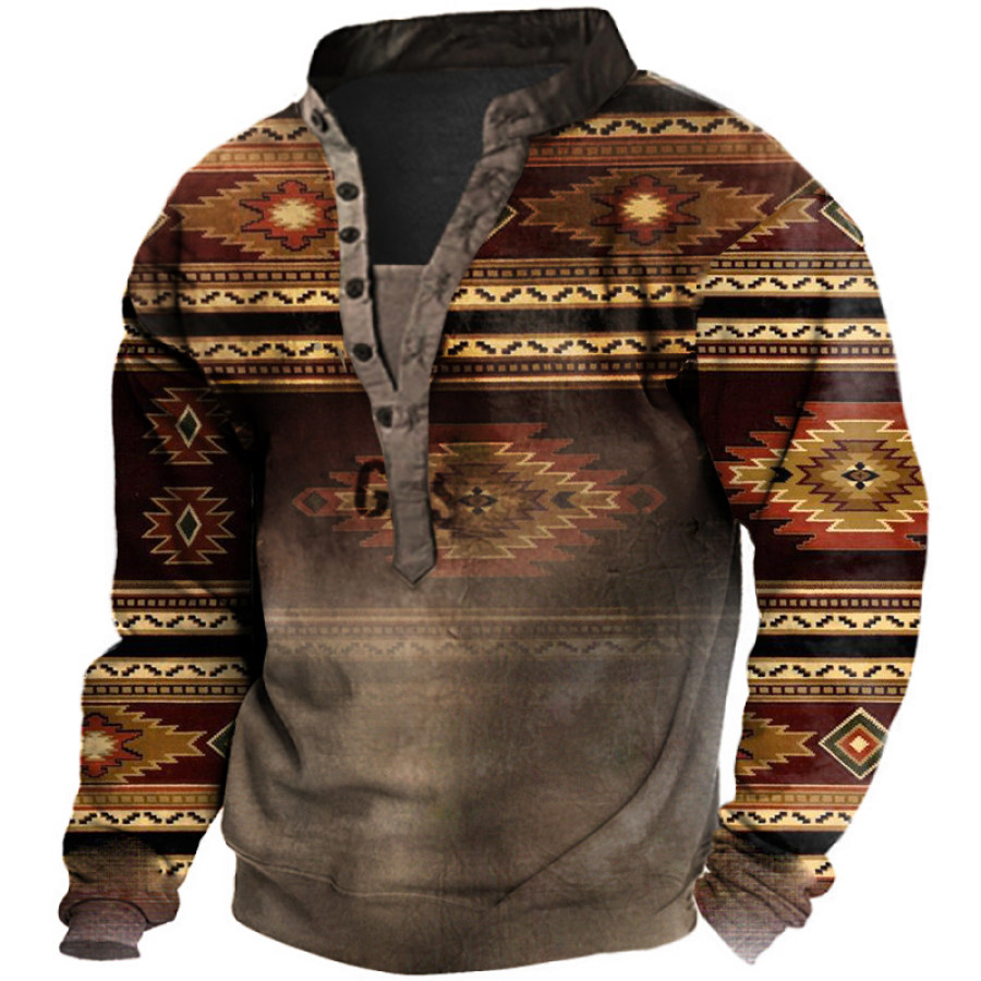 

Men's Retro Ethnic Print Henley Collar Sweatshirt