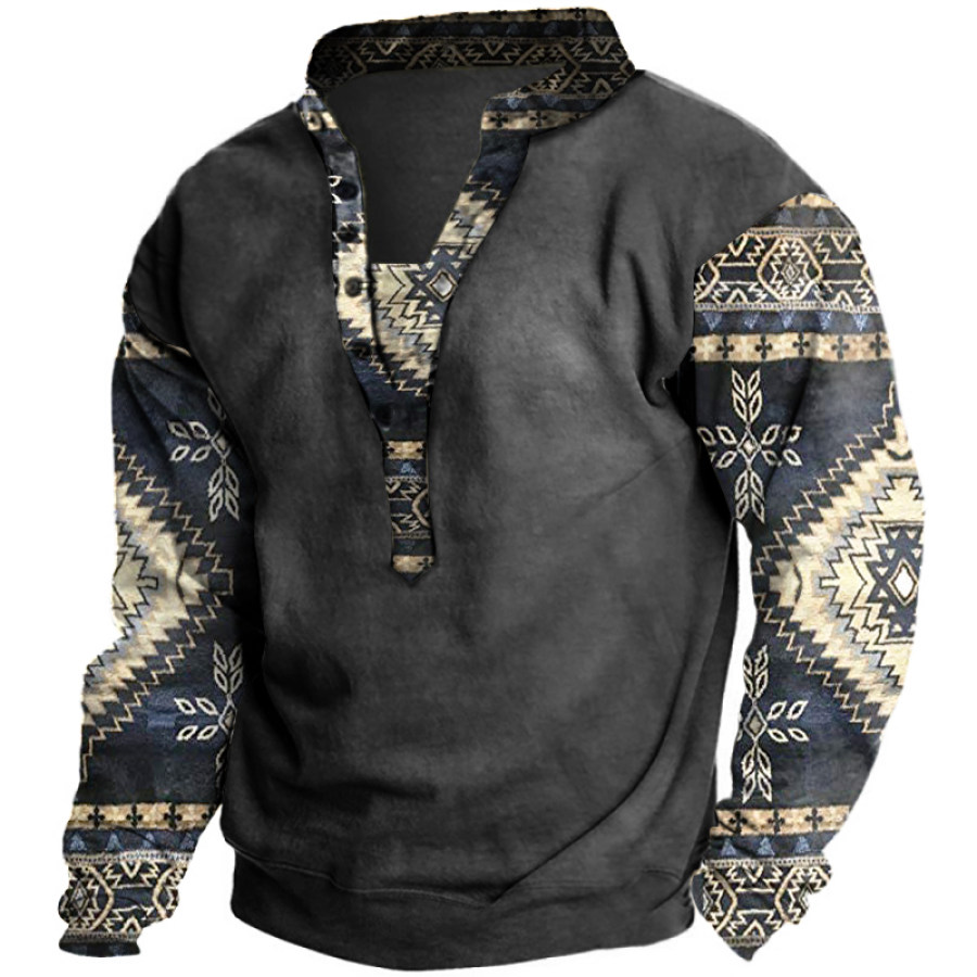 

Men's Ethnic Print Henley Collar Patchwork Sweatshirt