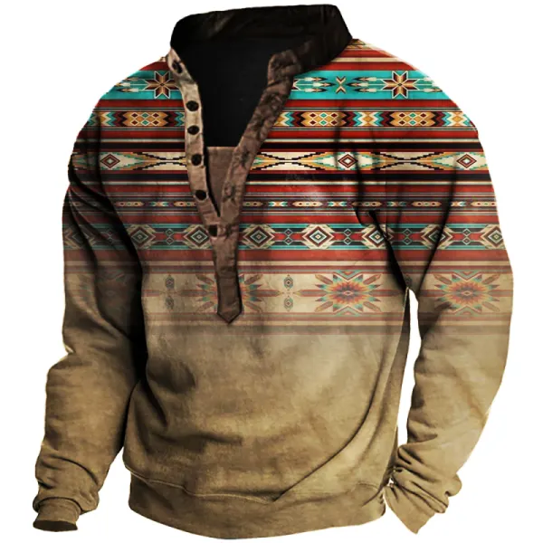 Men's Ethnic Print Henley Collar Sweatshirt - Nikiluwa.com 