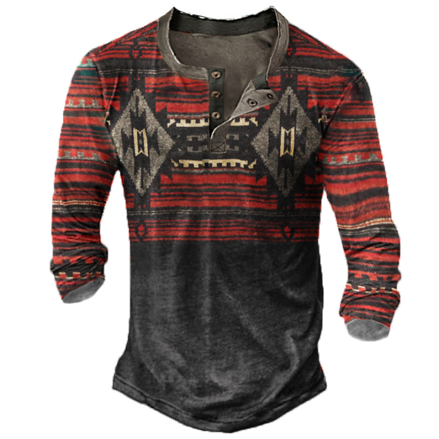 

Men's Retro Ethnic Henley Collar Tactical T-Shirt