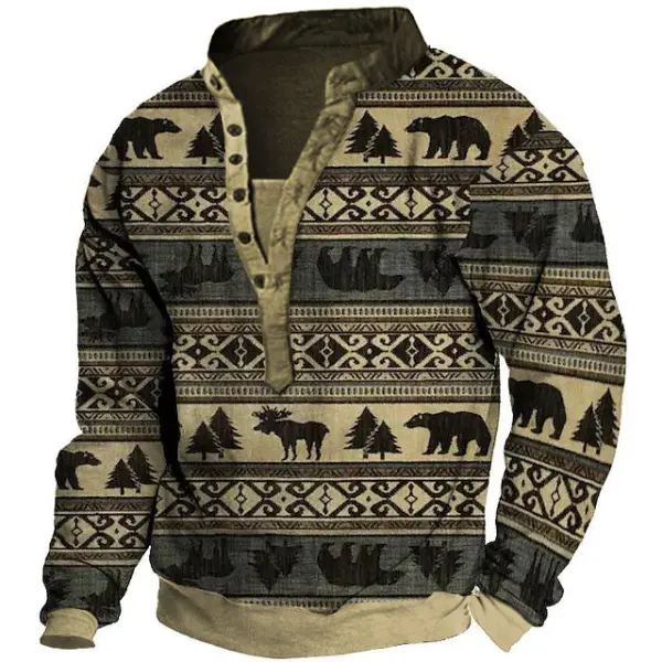 Men's Vintage Ethnic Geometric Animal Henley Sweatshirt - Nikiluwa.com 