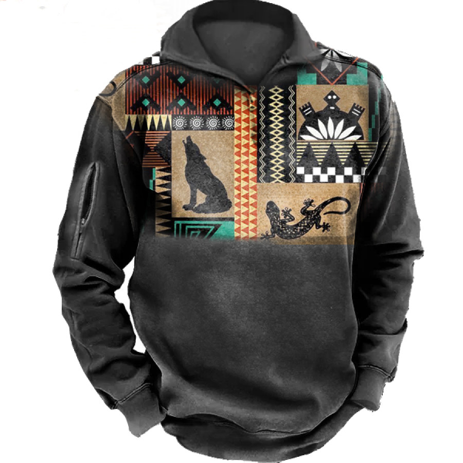 

Men's Vintage Ethnic Print Polo Neck Sweatshirt