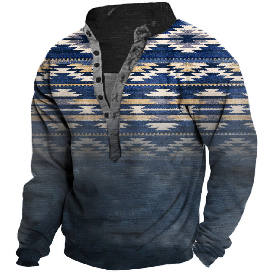 

Men's Retro Ethnic Geometric Pattern Henley Sweatshirt