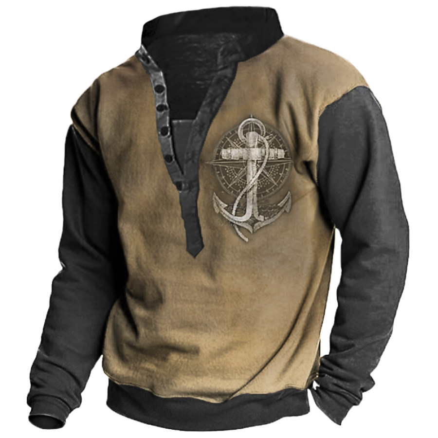 

Men's Vintage Nautical Compass Anchor Henley Collar Sweatshirt