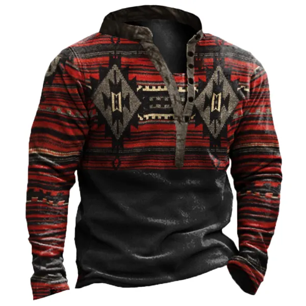 Men's Outdoor Ethnic Pattern Fleece Henley Collar Tactical Sweatshirt - Nikiluwa.com 