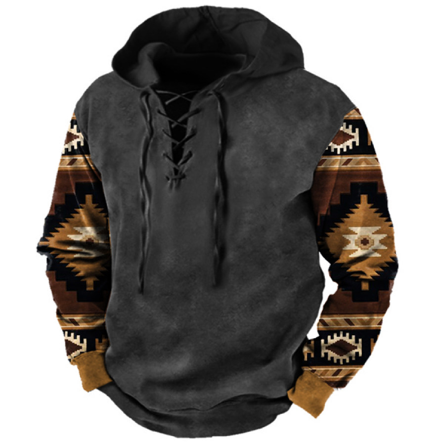 

Men's Ethnic Geometric Pattern Cross Strap Hoodie