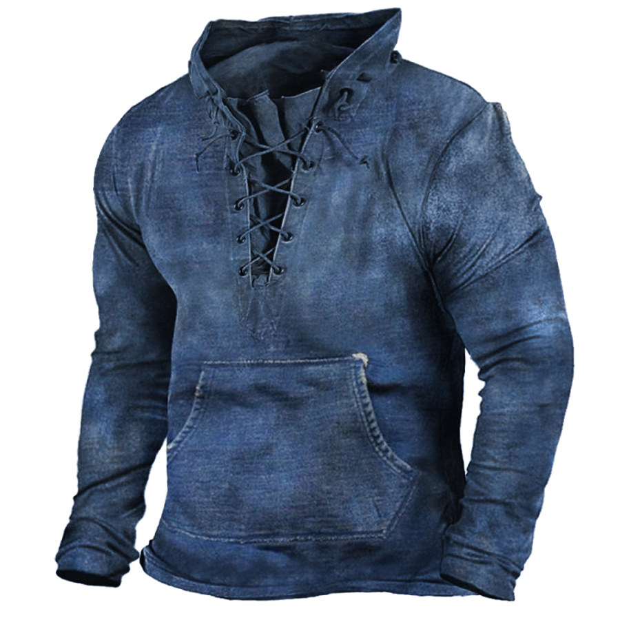 

Men's Vintage Denim Print Lace-Up Pocket Hoodie T-Shirt