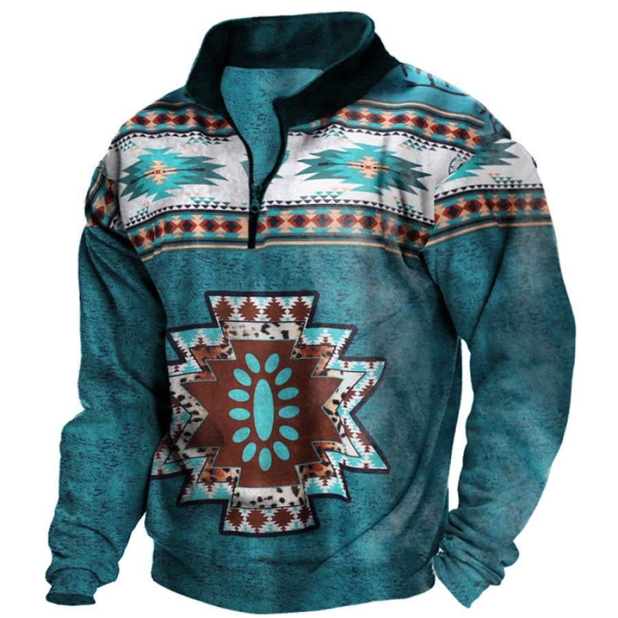 

Men's Vintage Ethnic Print Zip Sweatshirt