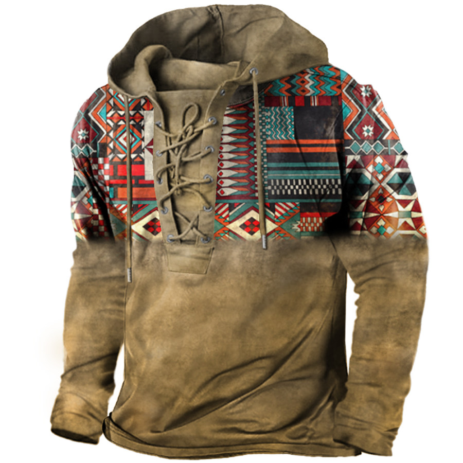 

Men's Outdoor Ethnic Pattern Lace-Up Hooded Long Sleeve T-Shirt