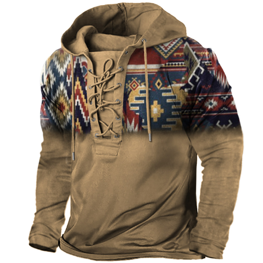 

Men's Outdoor Ethnic Pattern Lace-Up Hooded Long Sleeve T-Shirt