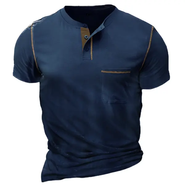 Men's Vintage Colorblock Pocket Henley Collar T-Shirt - Sanhive.com 