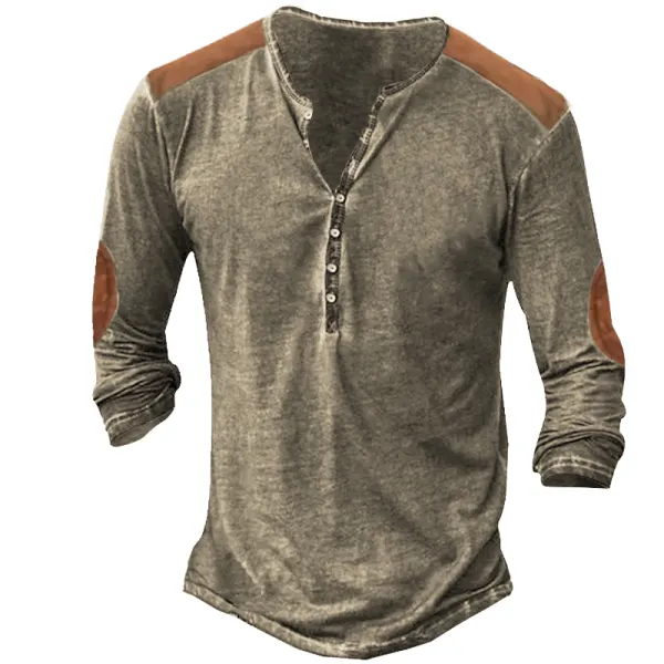 Men's Retro Stitching Color Contrast Henley Long Sleeve T-Shirt - Nikiluwa.com 